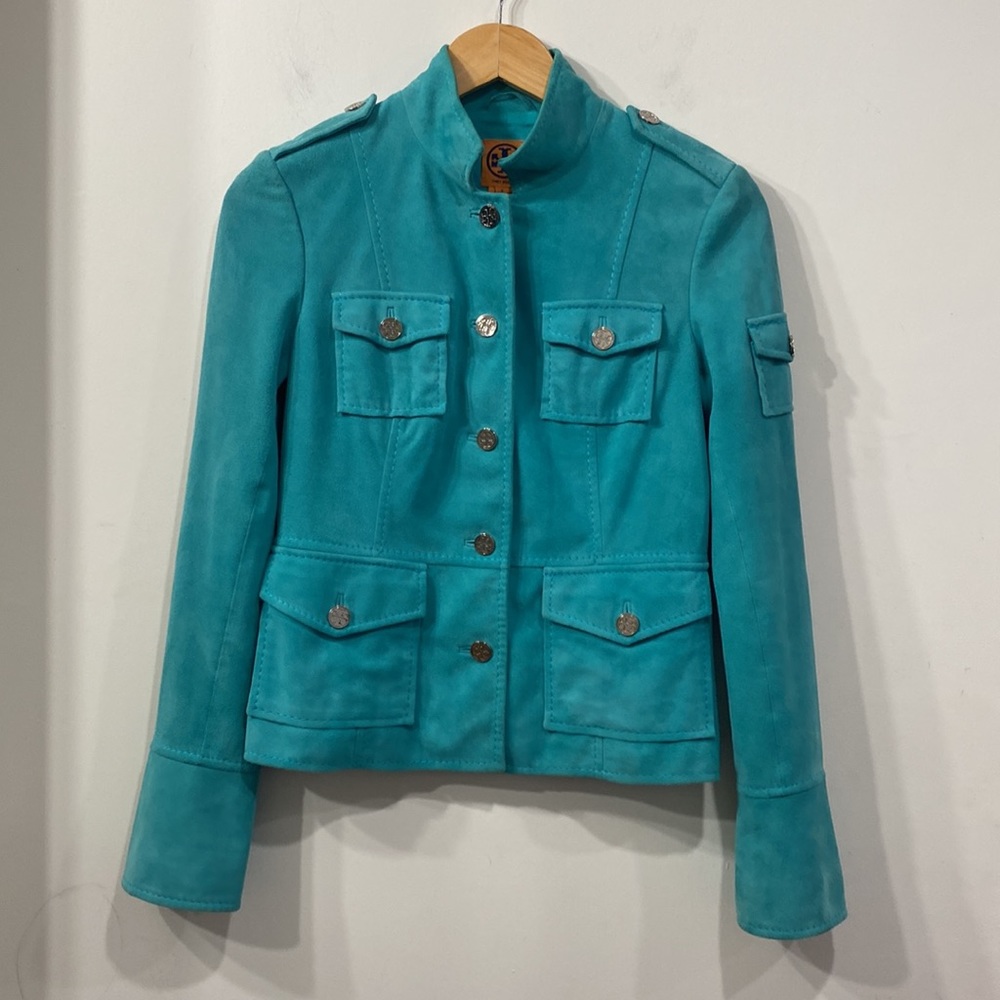 Tory Burch Sargent Pepper Jacket Suede Leather in Teal size 2